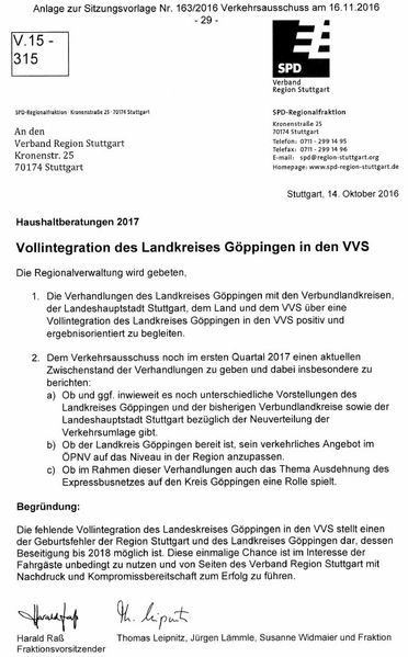 Haushaltsantrag der SPD-Regionalfraktion zur Vollintegration